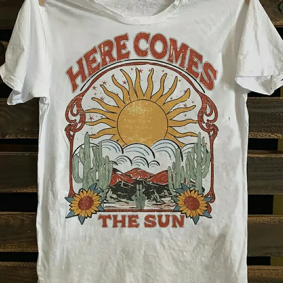 NEW! Retro 'Here Comes The Sun' Graphic Tee w/ Sun & Cactus (copy) - Picture 1 of 2